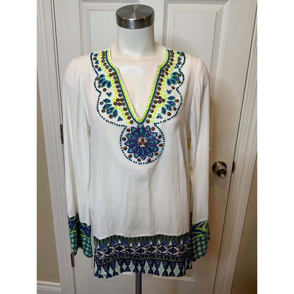 Hale Bob White Crepe Floral Beaded Tunic, Size XS